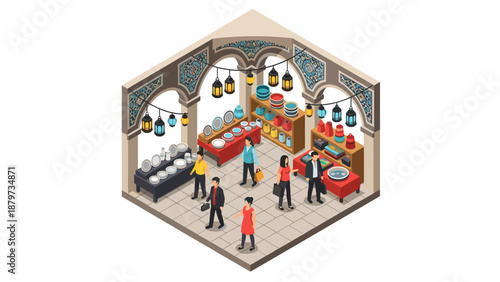 Isometric middle eastern market scene with shoppers and traditional artifacts