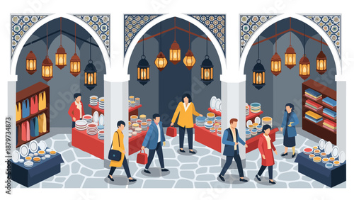 Isometric middle eastern market scene with people and colorful ceramic displays
