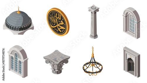 Historic architecture elements collection with isometric style for design projects