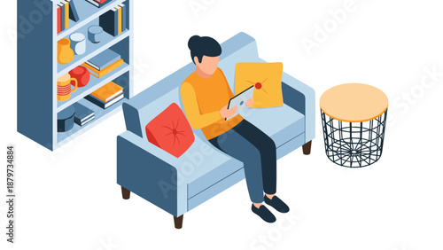 Cozy home relaxation with tablet on sofa in modern isometric design