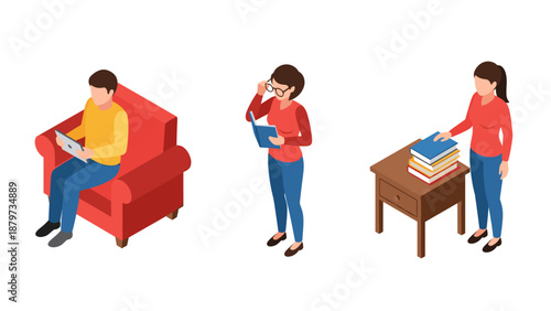People engaged in reading activities at home in isometric style