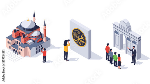 Isometric city sightseeing: tourists explore historical landmarks and cultural attractions