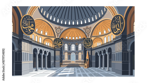 Interior of historic mosque with intricate dome and arched architecture