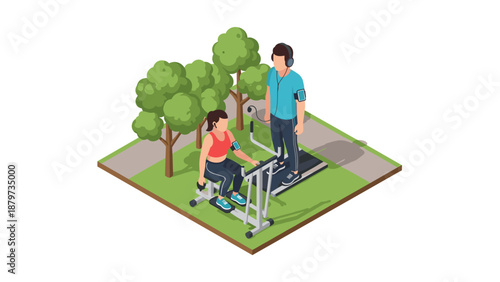 Isometric outdoor exercise scene with people using fitness equipment in park