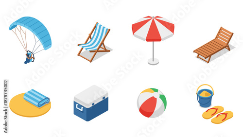 Summer beach essentials in isometric style: paraglider, sun umbrella, beach ball, and more