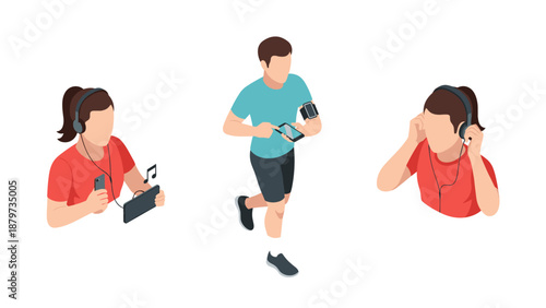 Isometric people listening to music on headphones and running with devices