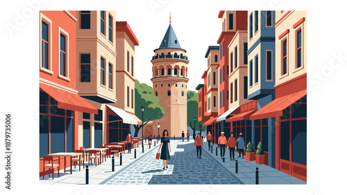 Charming cityscape with historic tower and vibrant street life in a flat art style