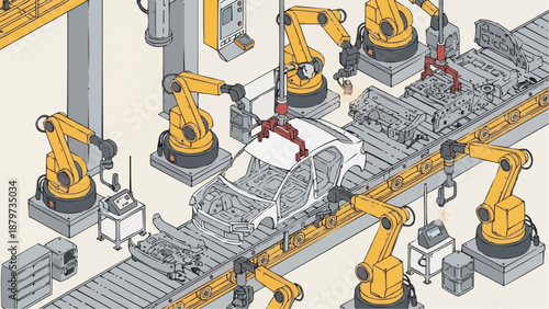Automated car manufacturing line showcasing robotic arms working on a vehicle chassis with precision and efficiency
