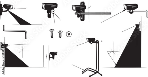 Security camera installation diagram with various mounting options shown