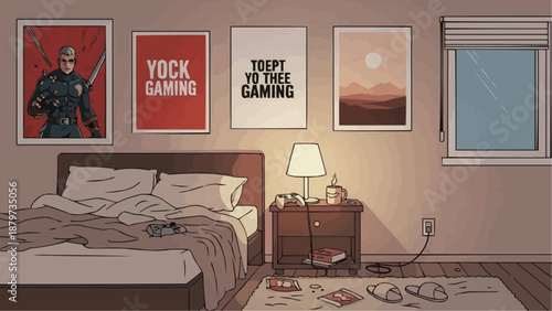 A cozy bedroom features framed artwork a disheveled bed a bedside table and a window with a rainy view