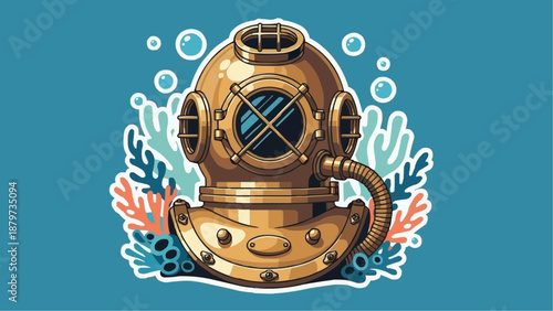 A vintage illustrated diving helmet surrounded by coral and bubbles showcasing a classic underwater exploration aesthetic