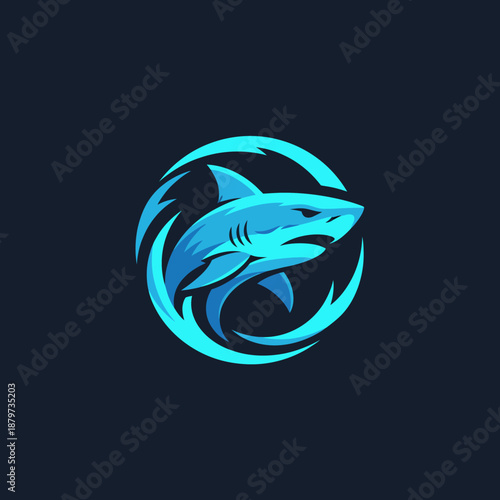Dynamic Blue Shark Logo with Swirling Water Design.