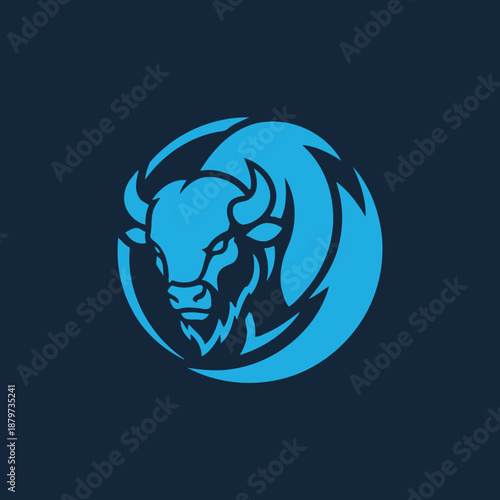 Powerful Blue Bison Head Logo Design.