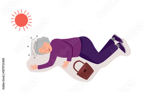 Sick senior woman feeling dizzy in flat design on white background. Unwell old woman with fainting symptom.