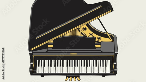 A stylized illustration of a grand piano with a black finish and gold accents is prominently displayed
