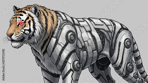 A striking depiction of a robotic tiger with a half organic half mechanical structure showcasing futuristic design elements
