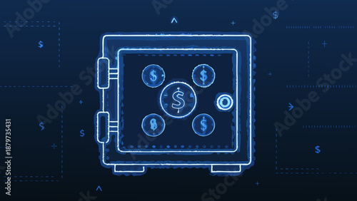 Glowing safe box with dollar signs and currency symbols on dark blue background, neon light