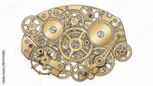 Detailed illustration of a complex mechanical watch movement showcasing intricate gears jewels and golden components high quality