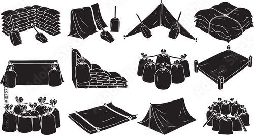 Camping gear and equipment illustrations in black and white