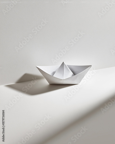 Top-Down Paper Boat on White Background with Soft Lighting and Minimal Shadows