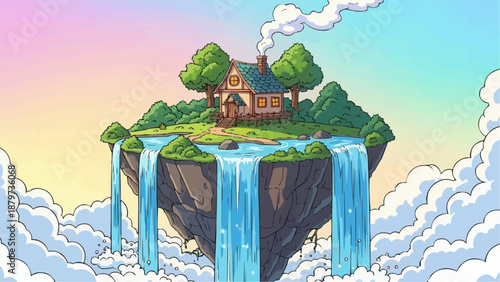 A quaint pixel art cottage rests on a floating island with cascading waterfalls and a vibrant sky