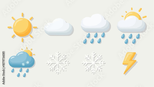 Illustrative depiction of diverse weather conditions including sunshine clouds rain snow and thunderstorms displayed in cartoon style