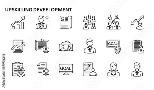 Upskilling and career development thin line icons vector set for learning and coaching