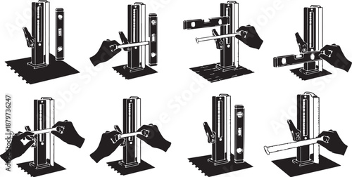 Adjustable metal vise with various tool positions shown