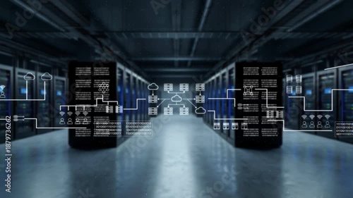 Futuristic Data Center, Modern Server Room With Holographic Displays Showing Network Structures