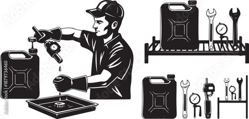 Mechanic working with tools and oil cans illustration set