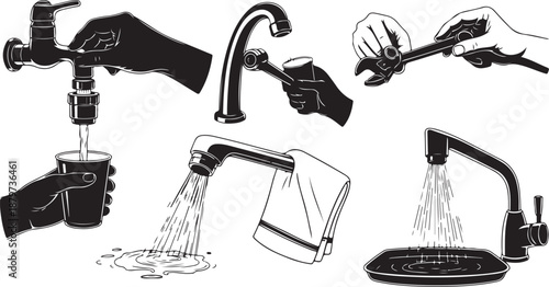 Black and white illustration of various faucet designs shown