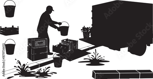 Man working with buckets and truck in silhouette style