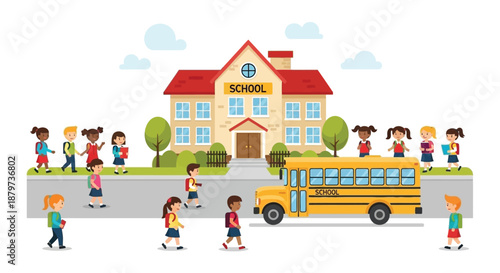 Kids going to school with a yellow bus and red brick building