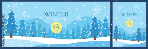 Winter landscape sale banner and card vector featuring a friendly snowman in a snowy pine forest. Serene seasonal background with evergreen trees and snowflakes for holiday cards and winter marketing.