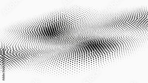 Abstract halftone wave pattern with varying density of dots creates a dynamic and visually intriguing monochrome effect