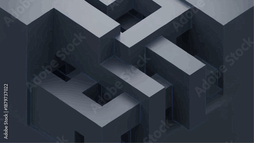 Abstract geometric composition featuring interlocking gray blocks creating a maze like structure with subtle lighting and shadows