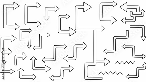 An intricate pattern of interconnected black and white arrows depicting direction flow and complexity creating a visual maze