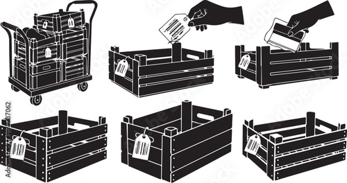Various wooden crates and shopping carts with bags inside