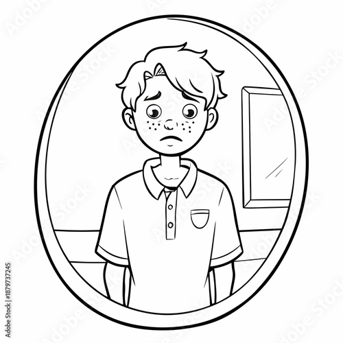 Teenage boy with a prominent pimple looking sad in the mirror