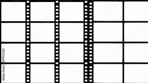 A stark black and white image depicts a film strip with empty frames suggesting potential narratives