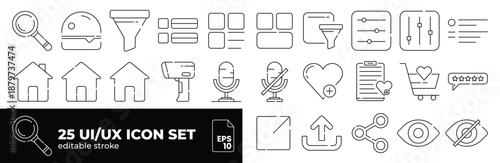 25 minimalist and simple UxUI web icon sets. A set of 25 editable line icons. Illustrator vectors. Suitable for web pages, mobile apps, web, and print.
