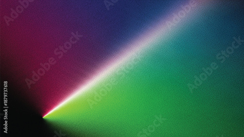 A abstract spectrum gradient with digital noise texture featuring vibrant colors like magenta, blue, green, and cyan converging at a bright point.