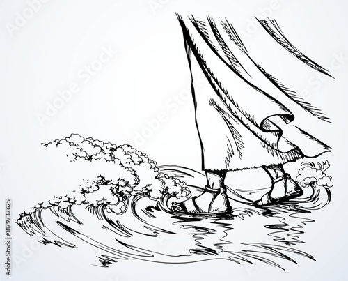 Vector drawing. A man walking on wavs in a storm