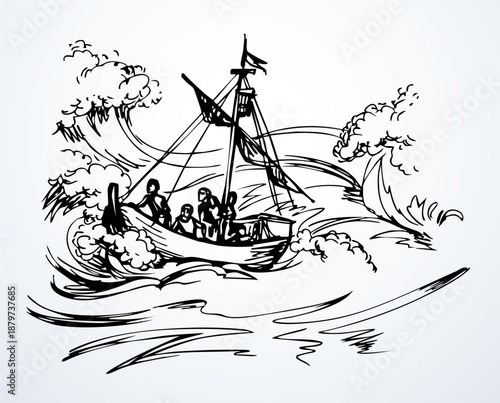 Vector drawing. Sailors on a ship in a storm