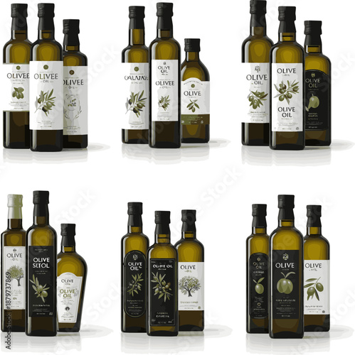 Isolated a kinds of deferent Olive oil glass bottle Mockup template design. 3d rendering vector art with white background.
