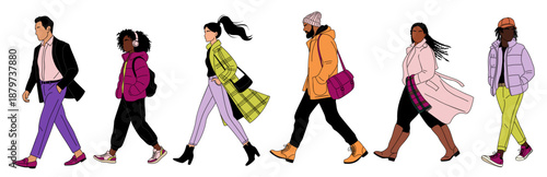 Set of diverse people walking in side profile, showcasing colorful outfits and modern, clean, contemporary style. Minimalist flat vector illustration isolated on transparent background