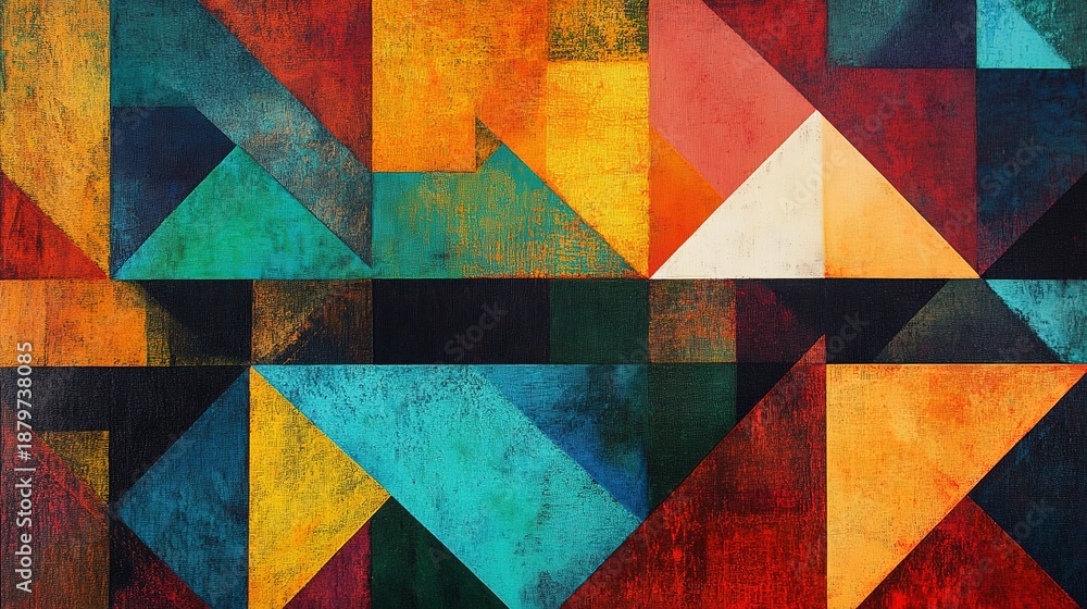 Fototapeta premium Colorful geometric shapes create a bold pattern in an art piece located in a gallery setting