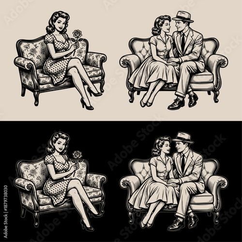 Retro Mid-Century Illustration Set Featuring a Vintage Woman with a Rose and a Romantic Couple on a Classic Sofa in Black and White Engraving Style for Nostalgic Design.