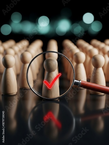  A magnifying glass focuses on a single wooden figurine marked with a red tick, representing the successful recruitment of a top candidate from a large talent pool