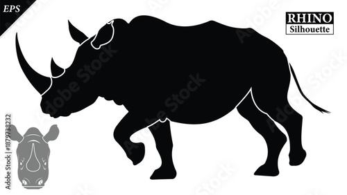 Black silhouette of rhinoceros isolated on white background, Beautiful rhinoceros logo icon vector design, standing, rhino silhouette vector illustration, vector. Black rhino Silhouette logo design 